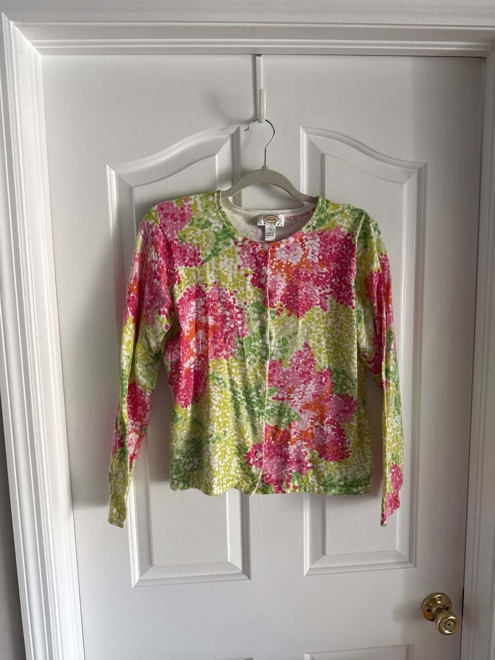 Talbots Petites L Pink and Green Floral Pointillist Print Cardigan Sweater